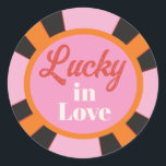 Las Vegas Mod Poker Chip Classic Round Sticker<br><div class="desc">Colourful Mod Las Vegas Gambling Poker Chip. Hand drawn in colours of orange pink red cream and black. Perfect for a Las Vegas Wedding or Party! Hand drawn illustration by McBooboos. All wording can be changed to fit your needs. You'll need to change each number for each table. To make...</div>