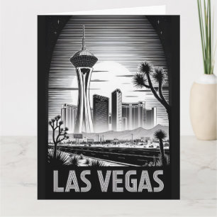 Las Vegas Nevada Skyline Black White Woodcut Card