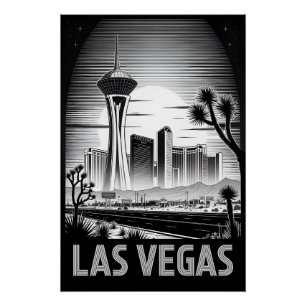 Las Vegas Nevada Skyline Black White Woodcut Poster