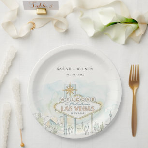 Las Vegas Nevada Watercolor Landscape Wedding Paper Plate