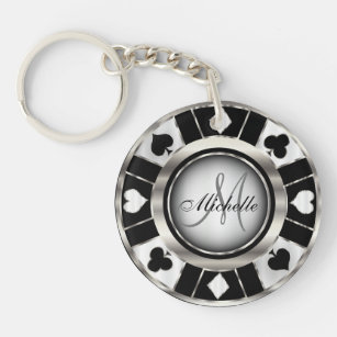 Las Vegas Silver & Black Poker Chip - Monogram Keychain