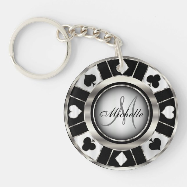 Las Vegas Silver & Black Poker Chip - Monogram Keychain (Front)