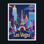 Las Vegas - Sin City After Dark Vintage Travel Postcard<br><div class="desc">Transport yourself to the vibrant lights and excitement of Las Vegas with this stunning vintage travel poster-style design. Featuring a stylized view of the city's iconic landmarks and casinos, this nighttime scene is brought to life with bright colours that punctuate the bustling energy of the city. Add a touch of...</div>