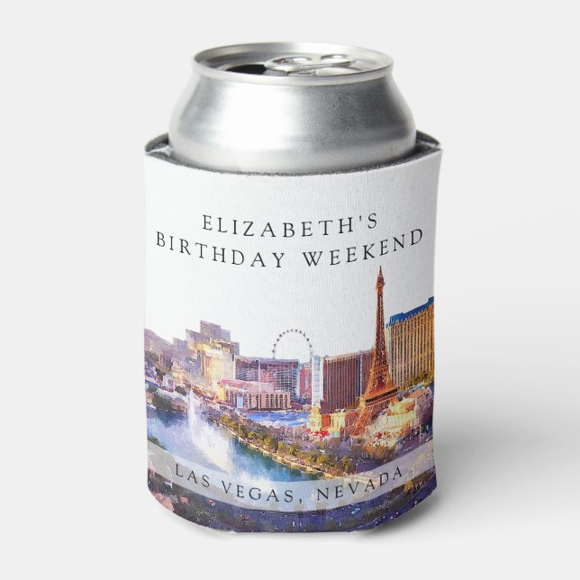 Las Vegas Skyline Watercolor Birthday Weekend Can Cooler (Can Front)