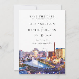 Las Vegas Skyline Watercolor Photo Wedding Save The Date