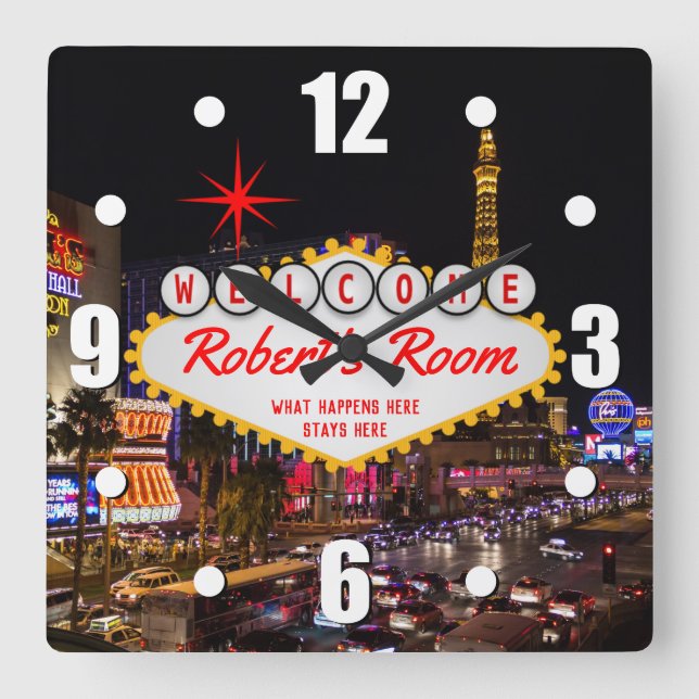 Las Vegas Style Nuit Votre Texte Carré Horloge Mur (Recto)
