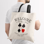 Las Vegas Suit Custom Welcome Tote Bag<br><div class="desc">A unique set of custom tote bags tailored to your Vegas-style destination wedding. It features a welcome text followed by the name of the location or the person receiving the bag. Under this is a black card suit with the heart symbol highlighted in red symbolizing love. All elements of this...</div>