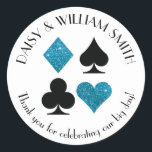 Las Vegas Theme Custom Text Malibu Blue Glitter Classic Round Sticker<br><div class="desc">Faux turquoise blue glitter and black card suits are circled by customizable text making these round stickers perfect for all kinds of projects and occasions. Use them to label favours for wedding guests,  to close envelopes and more.</div>