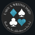 Las Vegas Theme Custom Text Malibu Blue Glitter Classic Round Sticker<br><div class="desc">Faux turquoise blue glitter and white card suits are circled by customizable text making these black,  round stickers perfect for all kinds of projects and occasions. Use them to label favours for wedding guests,  to close envelopes and more.</div>