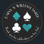 Las Vegas Theme Custom Text Sticker Teal Glitter<br><div class="desc">Faux teal glitter and white card suits are circled by customizable text making these round stickers perfect for all kinds of projects and occasions. Use them to label favours for wedding guests,  to close envelopes and more.</div>
