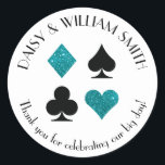 Las Vegas Theme Custom Text Sticker Teal Glitter<br><div class="desc">Faux teal glitter and black card suits are circled by customizable text making these round stickers perfect for all kinds of projects and occasions. Use them to label favours for wedding guests,  to close envelopes and more.</div>