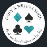 Las Vegas Theme Custom Text Sticker Teal Glitter<br><div class="desc">Faux teal glitter and black card suits are circled by customizable text making these round stickers perfect for all kinds of projects and occasions. Use them to label favours for wedding guests,  to close envelopes and more.</div>