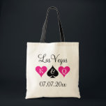 Las Vegas theme wedding tote bags for bridesmaids<br><div class="desc">Personalized Las Vegas theme wedding tote bag with playing card suits. Neon pink and hearts and black spade. Ace of spades poker wedding tote bag with King and Queen of hearts. Personalizable monogram letter for bride and groom. Cute idea for team bride, bridesmaids, flower girl, maid of honour, mother of...</div>