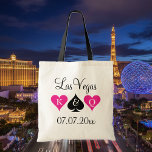 Las Vegas theme wedding tote bags for bridesmaids<br><div class="desc">Personalized Las Vegas theme wedding tote bag with playing card suits. Neon pink and hearts and black spade. Ace of spades poker wedding tote bag with King and Queen of hearts. Personalizable monogram letter for bride and groom. Cute idea for team bride, bridesmaids, flower girl, maid of honour, mother of...</div>