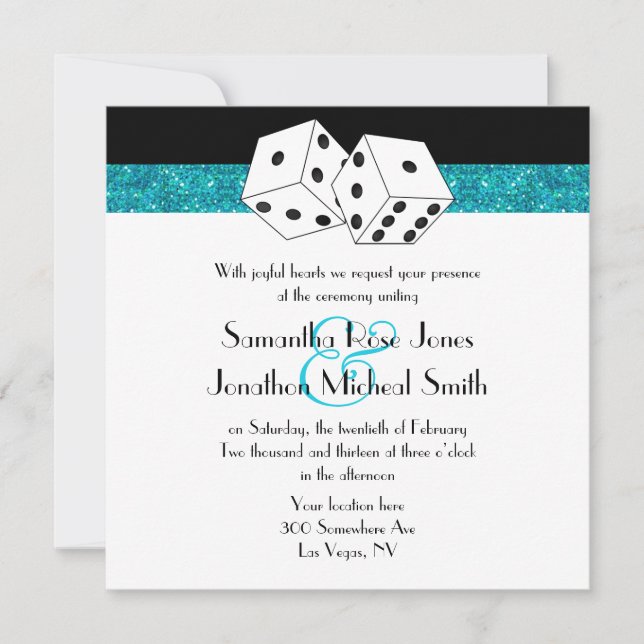 Las Vegas Wedding Dice Theme Teal Blu Faux Glitter Invitation (Front)