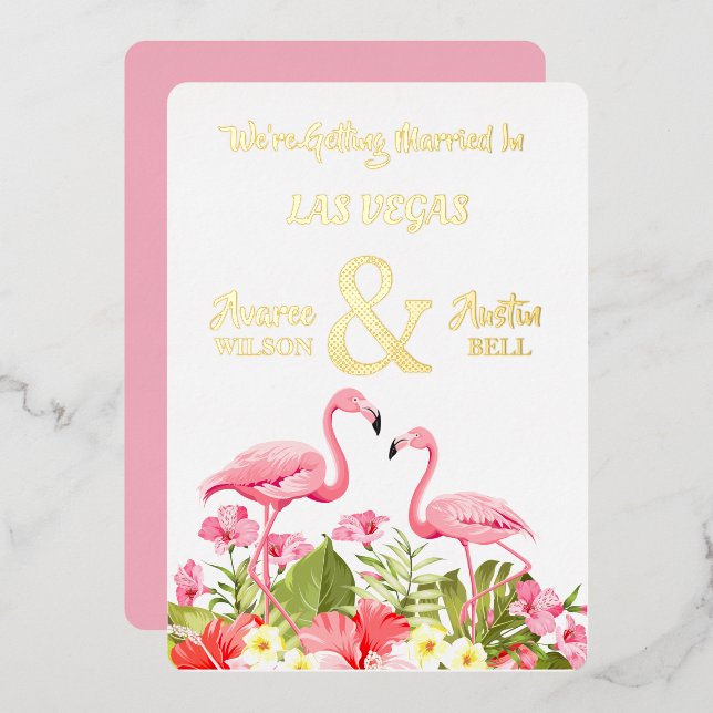 Las Vegas Wedding Pink Flamingos Gold Foil Foil In (Front/Back)