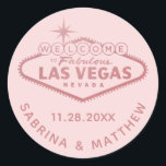 Las Vegas Wedding Rose Gold Pink Classic Round Sticker<br><div class="desc">Favour sticker or envelope seal with the "Welcome to Fabulous Las Vegas" Sign in faux rose gold pink foil. Click CUSTOMIZE FURTHER to change the background colour,  font,  and text colour.</div>