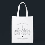 Las Vegas Wedding | Stylized Skyline Reusable Grocery Bag<br><div class="desc">A unique wedding bag for a wedding taking place in the beautiful city of Las Vegas.  This bag features a stylized illustration of the city's unique skyline with its name underneath.  This is followed by your wedding day information in a matching open lined style.</div>