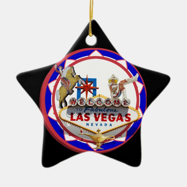 Las Vegas Welcome Sign Red & Blue Poker Chip Ceramic Ornament (Front)