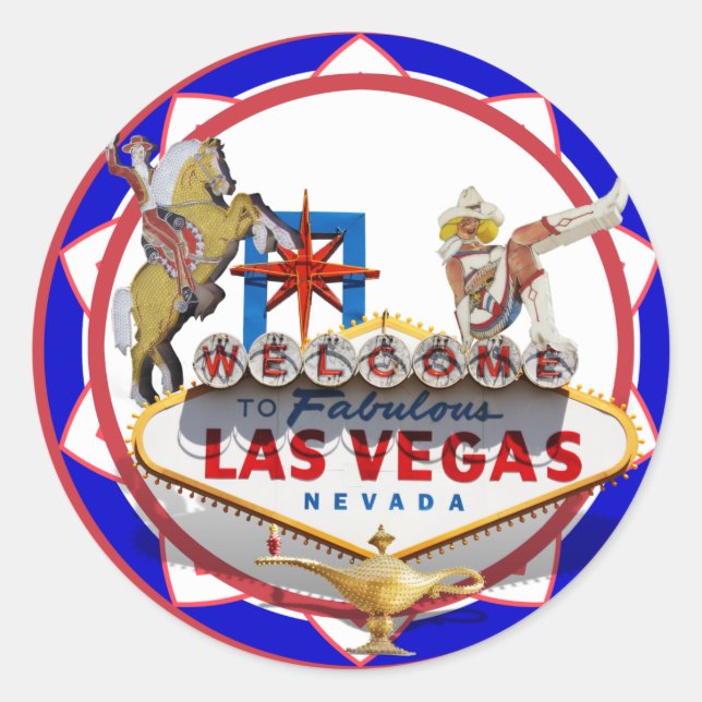Las Vegas Welcome Sign Red & Blue Poker Chip Classic Round Sticker (Front)