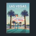 Las Vegas Welcome Sign Vintage Travel Postcard<br><div class="desc">Retro Las Vegas Nevada travel poster illustration that features a view of the iconic Welcome To Fabulous Las Vegas Nevada sign surrounded by two lush palm trees. A glimpse of the well-known Las Vegas strip can also be viewed in the background. This vintage design will bring back memories of classic...</div>