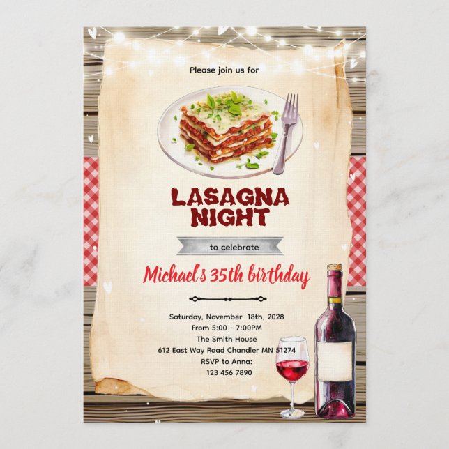 Lasagna and Wine night party invitation (Front)
