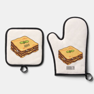 Lasagna cartoon illustration oven mitt & pot holder set