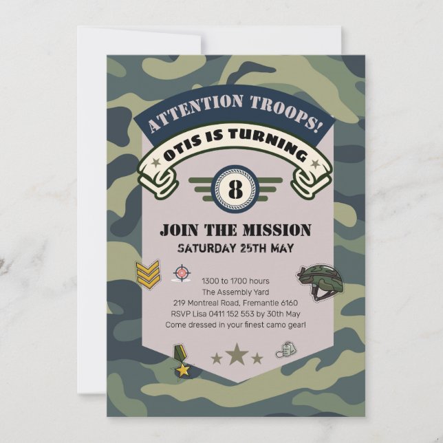 Laser Army party Invitation, Camouflage Paintball Invitation (Front)