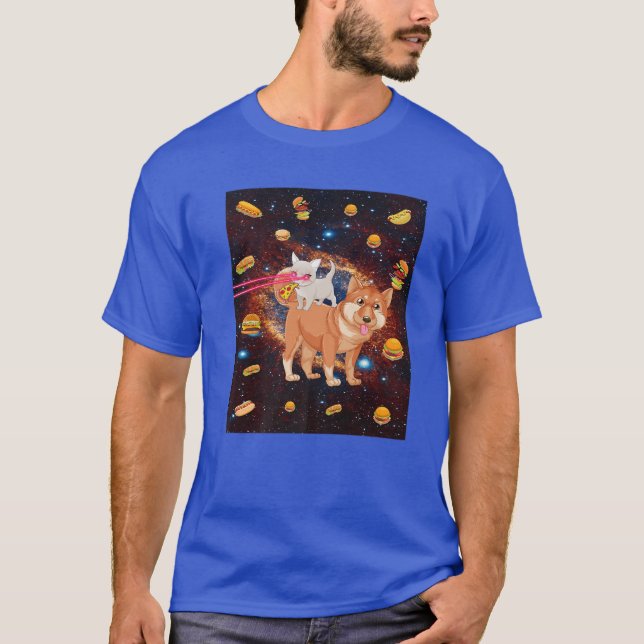 Laser Eye Cats In Space Dog Cat Eating Pizza And B T-Shirt (Front)