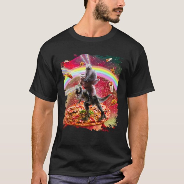 Laser Eyes Space Cat On Sloth Dinosaur  Rainbow T-Shirt (Front)