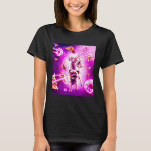 Laser Eyes Space Cat Riding Dog Pug  Rainbow T-Shirt