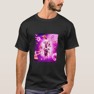Laser Eyes Space Cat Riding Dog Pug Rainbow T-Shirt