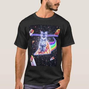 Laser Eyes Space Cat Riding Rainbow Pizza T-Shirt