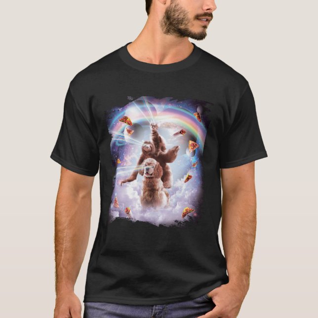 Laser Eyes Space Cat Riding Sloth, Dog Rainbow T-Shirt (Front)