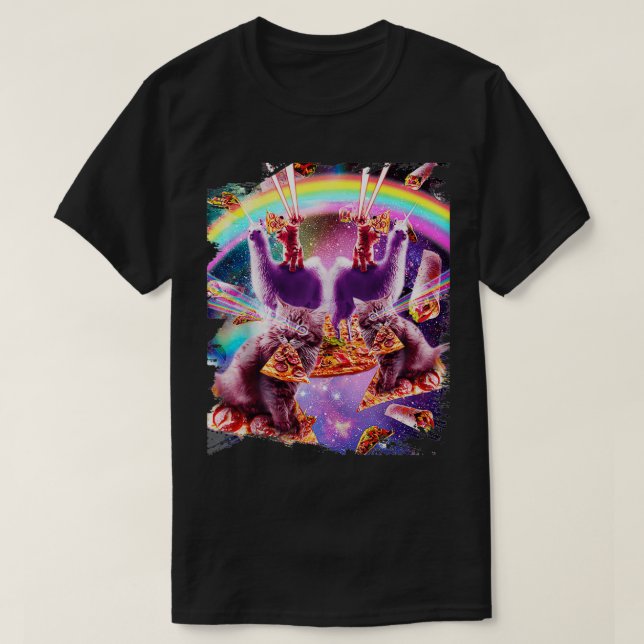 Laser Pizza Cat On Llama, Lazer Kitty Cats In Rain T-Shirt (Design Front)