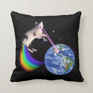 Laser Rainbow Space Cat Throw Pillow