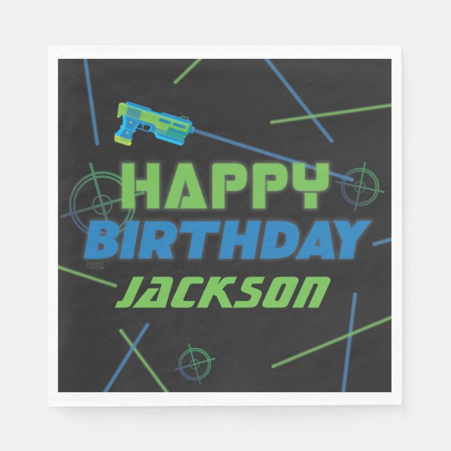 Laser Tag Blue and Green Happy Birthday Napkin (Front)