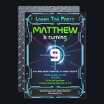 Laser Tag Boy Birthday Party Invitation Green Blue<br><div class="desc">[All text are editable]
Get this fun design now!
Occasion: Birthday Party for kid,  teen,  or adult.
Theme: Laser Tag Party.
Style: Fun,  Cyber,  Colourful,  Futurism.
Colours: Blue,  Green,  Black,  White.
Graphics: Cyber Panel,  sniper target shooter view.</div>