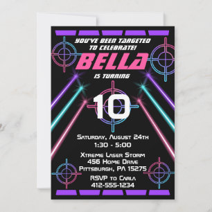 Laser Tag Girls Neon Pink Purple Beams Birthday Invitation