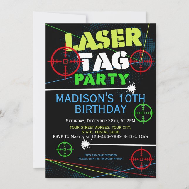 Laser tag glow party birthday invitation (Front)
