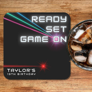 Laser Tag Neon Birthday Party Square Paper Coaster