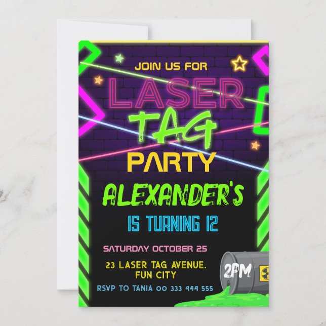 Laser Tag Party Neon Birthday Invitation (Front)
