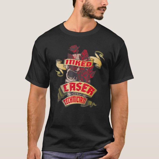 Laser Technician Inked Skull & Red Roses Tattoo T-Shirt (Front)