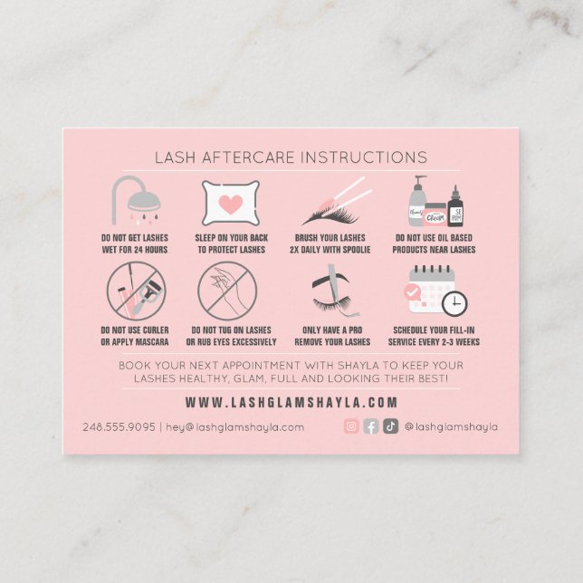 Lash Aftercare Instructions Extensions Care Cards (Back)