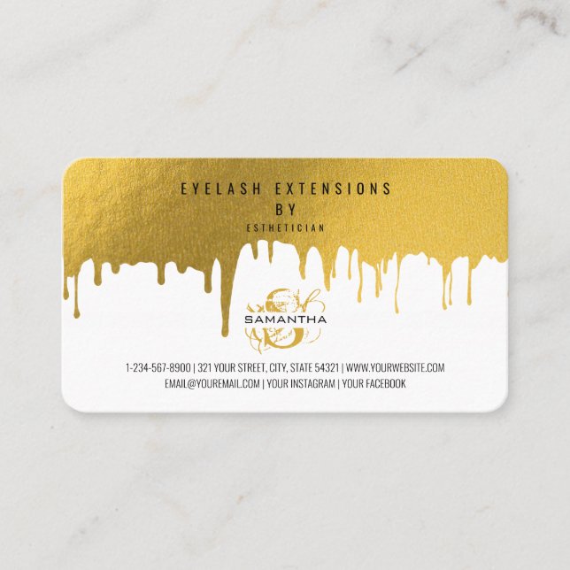 Lash Aftercare Instructions Gold Drips Business Card (Front)