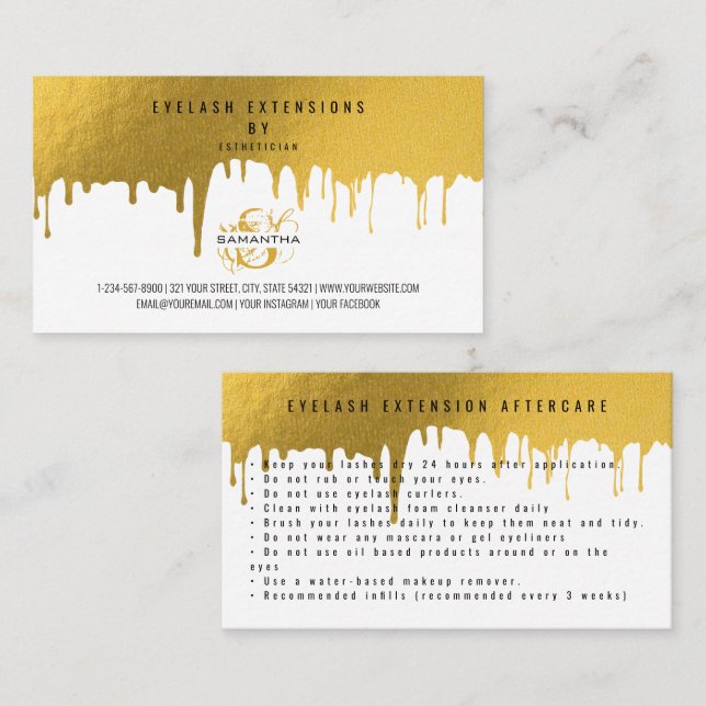Lash Aftercare Instructions Gold Drips Business Card (Front/Back)