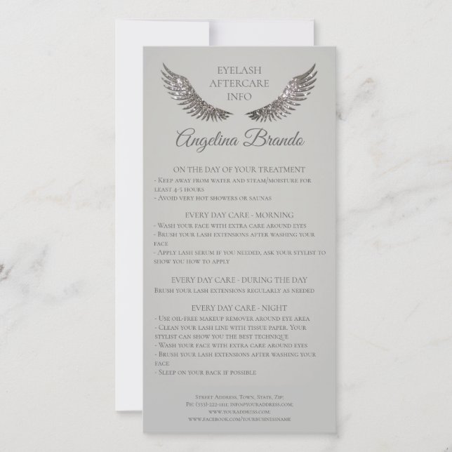 Lash Aftercare Instructions Silver Glitter Wings Thank You Card (Front)