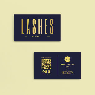 Lash Artist QR Code & Logo Navy And Gold Business Card