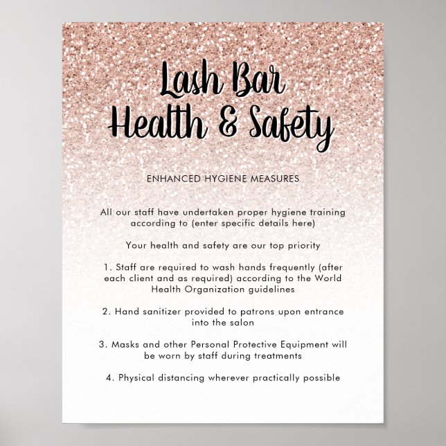 Lash Bar Health Safety Poster Pink Peach Glitter (Front)