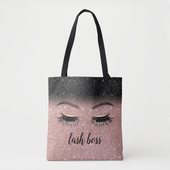 Lash Boss Eyelash Salon Rose Gold & Black Glitter Tote Bag (Front)
